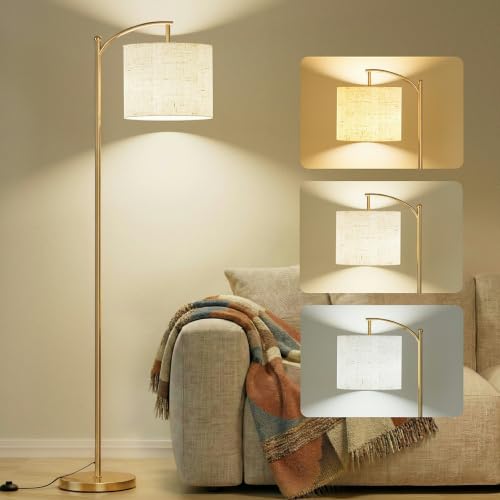 mukuxin ARC Floor Lamp with Foot Swtich, 9W LED Bulb Included | 3 Adjustable Color Temperature, Linen Lamp Shade, Heavy Sturdy Base - color: Beige+Gold
