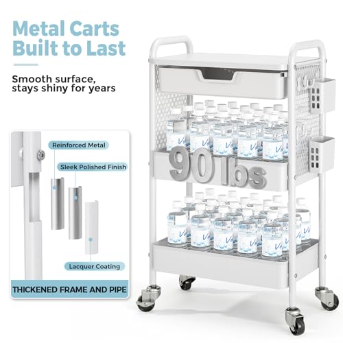 KINGBOARD 3 Tier Metal Rolling Cart with Drawer, White Utility Storage Cart | 2 Cups & 4 Hooks, Lockable Wheels, Trolley Organizer for Bathroom, Kitchen, Office, Nursery, Dorm, Laundry, Craft Room - color: White
