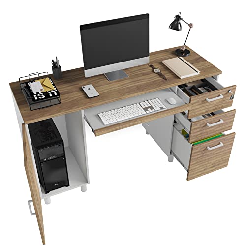 Modern Design Venice Computer Desk with Lockable Drawers, 53 Inch Home Office Desk with Storage Cabinet, Keyboard Tray & Cable Management, Modern Study Writing Desk for Small Spaces, Walnut and White - color: Walnut White