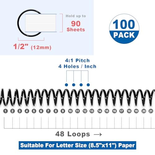 HOUYEE 100 Pcs Plastic Spiral Binding Coils,12mm(1/2”),4:1 Pitch,48 Loops - size: 1/2"(90 sheet capacity)