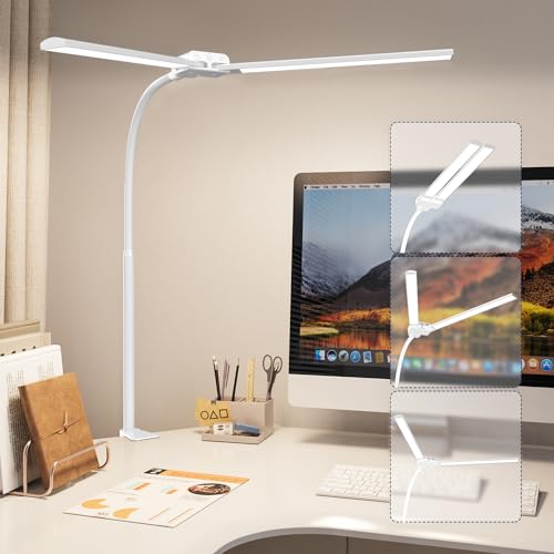 LED Desk Lamp with Clamp, Double Head for Dual Screen, 4 Color Modes,White - color: White-Clamp
