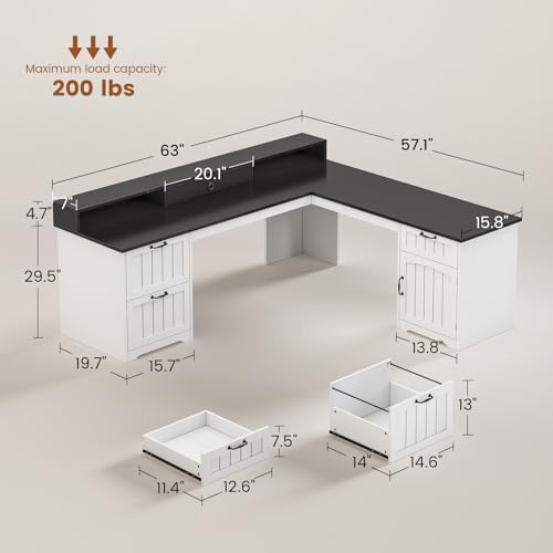 SEDETA Farmhouse 63" L Shaped Desk with Drawers and Storage Cabinet | Office Desk with File Drawers, Wood Corner Computer Desk with Storage, Home Office Desk with Monitor Stand,Black and White - color: Black and White