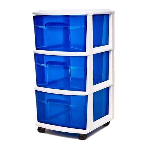 HOMZ Drawer Tower, 3-Tier Storage Cart with Removable Wheels, White Frame - color: White Frame/Blue Drawers, size: 1 Pack