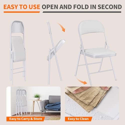 Fenbeli 2 Pack Padded Folding Chairs with Cushion, White PU Leather Foldable Chairs for Dining, Balcony & Spare Guest Pair, 330-Pound Heavy-Duty Steel Frame, Auto-Lock Hinge, Wipe-Clean, Folds Flat - color: White, size: Set of 2