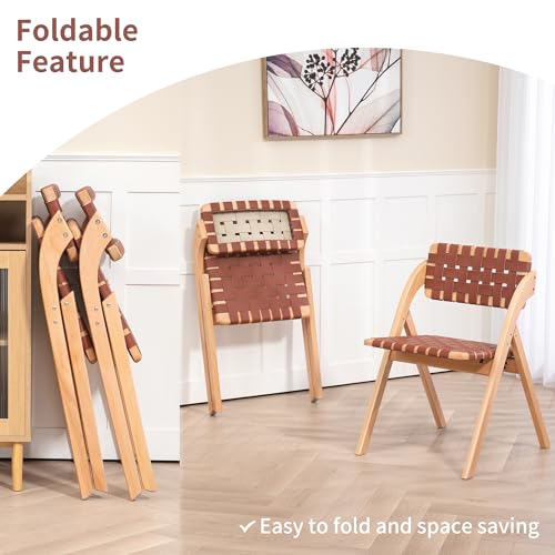 Folding Dining Chairs Set of 2 | Wooden Foldable Chair with Leather-Woven Backrest and Widened Seat Extra for Guests Kitchen Office Wedding Picnic Brown - color: Brown With Leather Strap, size: 2PCS