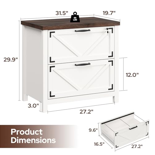knoworld 2 Drawer File Cabinet with Lock, Wood Filing Cabinets for Home Office, Office Storage Cabinet for Hanging Files Letter/Legal/F4/A4 Size, White - color: White