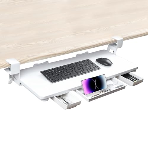 Keyboard Tray Under Desk with Drawer,26.77" X 11.81"Large Size Keyboard Tray with C Clamp-on Mount, Easy to Install, for Home Office (White) - color: White