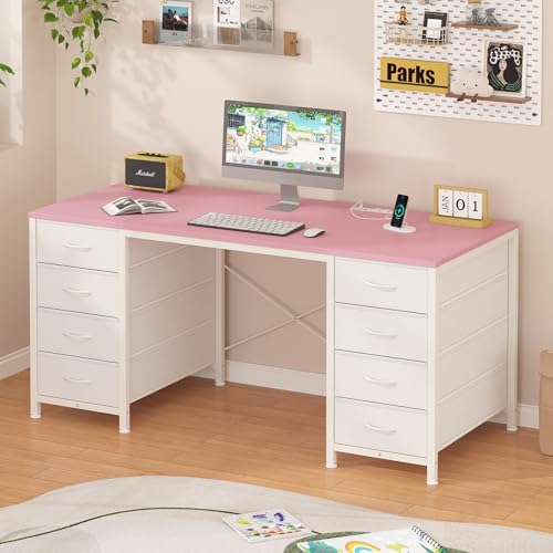 YOMILUVE 50 Inch Computer Desk with 8 Drawers, Home Office Desk with Power Outlets, Work Study Gaming Desk with 8 Fabric Drawers, Pink - color: Pink, size: 18.9"D x 50.4"W x 29.3"H