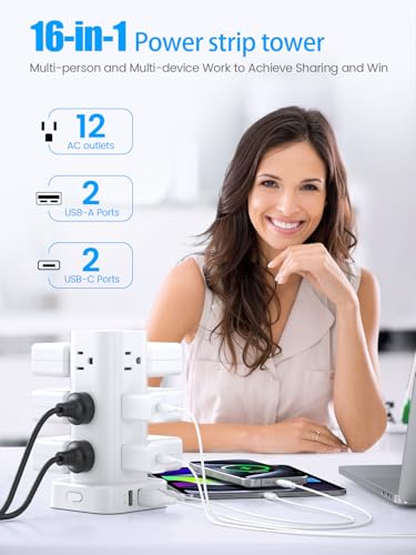 Tower Power Strips with Surge Protection, 6FT Flat Extension Cord with Multiple Outlets, 12 AC 4 USB Ports, Overload Protection Charging Station for Office Home Dorm Room Travel (White) - color: White, size: 6FT without Wireless Charger