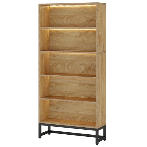 Tribesigns Tall Bookcase and Bookshelf, 70.8" Large Bookcases Organizer with LED Lights, Heavy Duty Free-Standing Library Bookshelf with 5-Tier Storage Shelves for Living Room, Bedroom (Brown) - color: Brown