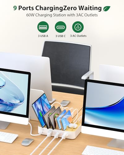 Bamboo USB-C Charging Station for Multiple Devices,60W 6 Port Charing Dock with 3 AC Outlets, 3 USB C, 3 USB A,6.6ft Power Cord for lPhone,lPad,Tablets (6 Mixed Cables Included),White - color: White