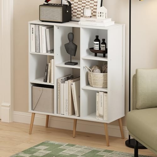 Furinno Claude Mid Century Style Book Shelf, 8-Cube Bookshelf, Cube Storage Organizer Bookcase with Wood Legs, 10.9 x 31.5 x 39.3, for Living Room, Bedroom, Home Office, White - color: White, size: Mid Century, 8-Cube