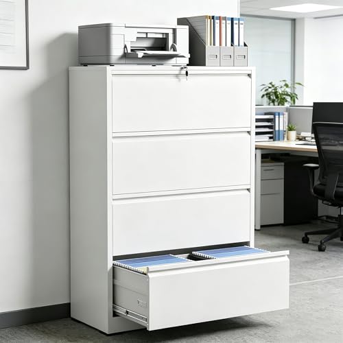 Industrial 36" W Premium Lateral File Cabinet with Lock, Metal Filing Cabinets, Adjustable Hangrails for A4, Legal, Letter Files, White - color: White, size: W36" - 4 Drawers