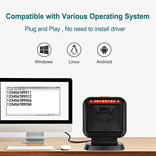 OBZ 1D 2D Desktop Barcode Scanner, QR Code Scanner USB Wired Hands-Free Barcode Scanner Omnidirectional Automatic Cash Register Scanner with Large Scan Window for POS PC, Store, Supermarket - style: Square