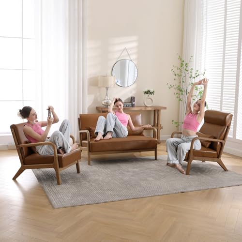 INZOY Mid Century Modern Accent Chair with Wood Frame, PU Leather Reading Armchair with Waist Cushion, Upholstered Living Room Chairs for Bedroom Sunroom (Camel) - color: A-camel
