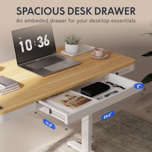 FLEXISPOT Comhar 55" Electric Standing Desk with Drawers, USB Charging Ports, Quick Assembly, Height Adjustable Sit Stand Computer Desk with Child Lock for Scandinavian Home Office, Maple - size: 55"Maple/White