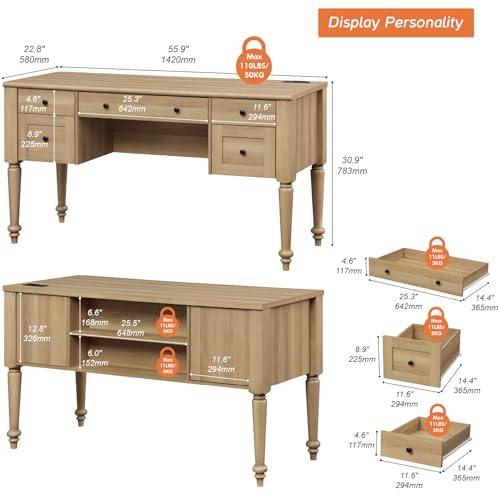 WAMPAT Farmhouse Executive Desk with Drawers, 56 Inch Writing Desk, Oak - color: Oak