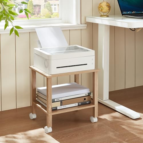 YUFAM 2 Tier Printer Stand with Storage,Under Desk Shelf Printer Table,Small Printer Stand with Wheels,Rolling Printer Cart for Office - color: Wood, size: 11.8"D×15.7"W×15.3"H