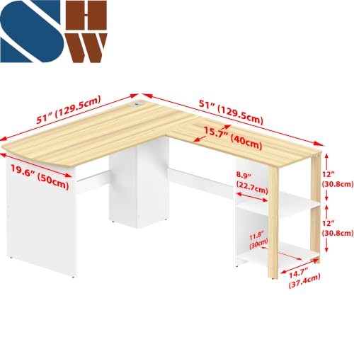 SHW 51 x 51 L-Shaped Home Office Wood Corner Desk with Storage, Oak - color: Oak
