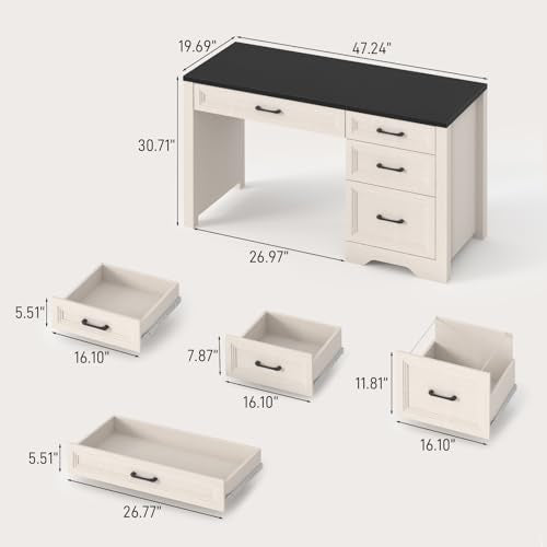 Vabches Farmhouse Executive Desk with Drawers, Home Office Desk with File Drawer, Wood Computer Desk with Ample Storage, Rustic Office Desk with Spacious Tabletop for Work, Black - color: Black White, size: 19.7"D x 47.2"W x 30.7"H
