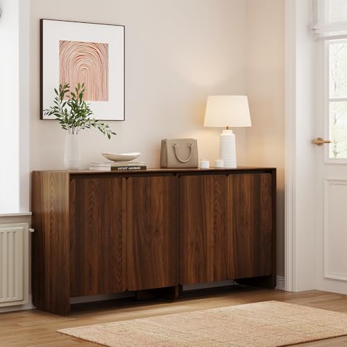 63" Sideboard Buffet Cabinet with Storage, Buffet Sideboard Cabinet with 4 Doors & Adjustable Shelves, Modern Coffee Bar Console Table for Living Room, Kitchen, Entryway - color: Walnut