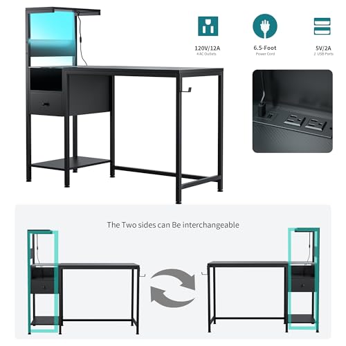 Computer Desk with Power Outlet and USB Charging Station, Space-Saving Study Writing Table with Storage Shelves, PC Laptop Workstation for Home Office Bedroom (Black) - color: Black