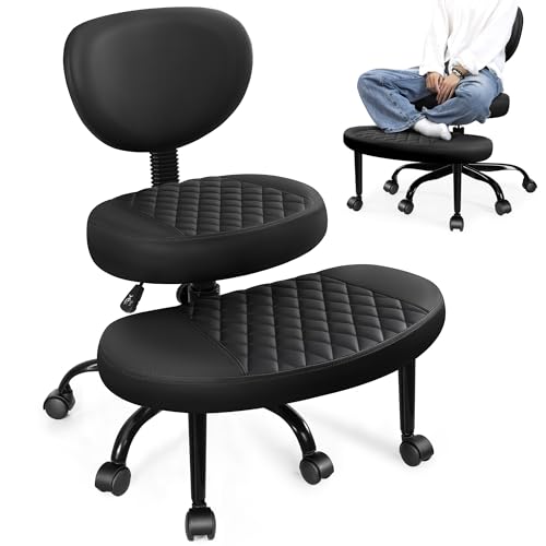 AtHope Ergonomic Cross Legged Office Chair with Wheels - Adjustable Height for Meditation, ADHD Desk & Yoga - Wide Criss Cross Design with Lumbar Support, Kneeling Chair - Black - color: Black
