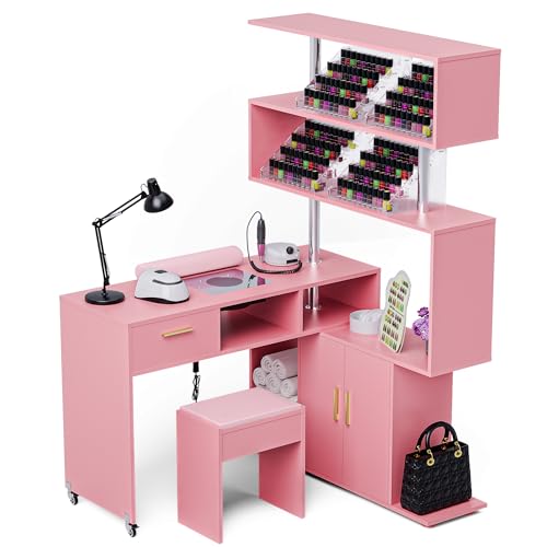 Kikihouse Manicure Table Nail Desk with Stool, L-Shaped Nail Tech Desk with Dust Collector, Two-Way Drawer, Cabinet & Storage Shelves, Rotating Reversible Manicure Workstation on Wheels (Pink) - color: Pink