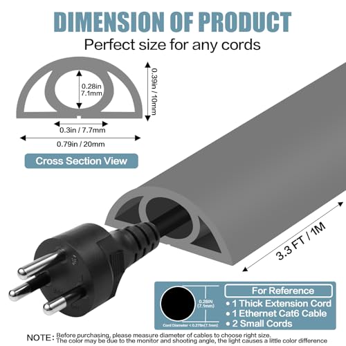 Floor Cord Cover Self Adhesive Cord Hider,3.3FT Cable Management, Extension Strip Protector for Wires, Prevent Cable Trips for Offices, Gyms, Exhibitions Cavity:0.3"(W) x 0.28"(H) Gray - color: Gray, size: 0.78" x 3.3'