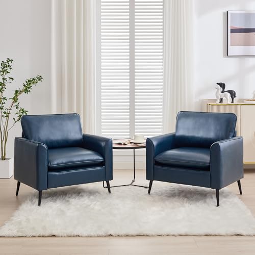 TYBOATLE Blue Faux Leather Accent Chair Set of 2 | Comfy, Cozy, Reading, Mid Century Modern, Curved Armrest, Reception, Living Room, Office - color: Blue