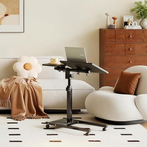 Laptop Desk Stand for Bed Portable Desk Overbed Bedside Mobile Laptop Table Rolling Foldable Table Adjustable Height with Locked Wheels & Mouse Pad for Office Sofa (Dekuwood Black) - color: Dekuwood Black
