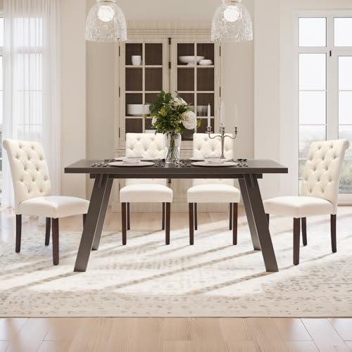 COLAMY Tufted Dining Chairs Set of 4, Accent Parsons Diner Chair Upholstered Fabric Stylish Kitchen Chairs with Solid Wood Legs and Padded Seat, Beige - color: Beige, size: set of 4