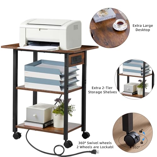Lerliuo 3-Tier Printer Stand with Charging Station, Rolling Printer Table - color: Brown, size: 3-Tier with Charger