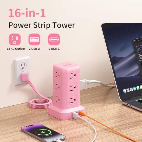 Extension Cord with Multiple Outlets, SMALLRT Power Strip Tower, Outlet Extender with 12 AC Outlets 4 USB, 6.5FT Extension Cord for Home Dorm Room, Office Supplies, Pink - color: Pink, size: 6.5 Ft without wireless charging