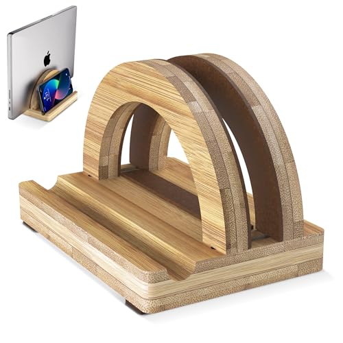Kothar Premium Wood Vertical Laptop Stand - Adjustable Single Slot Bamboo Holder for MacBook, Dell, HP, and More | Space-Saving Desktop Organizer | Eco-Friendly, Sleek & Durable Design