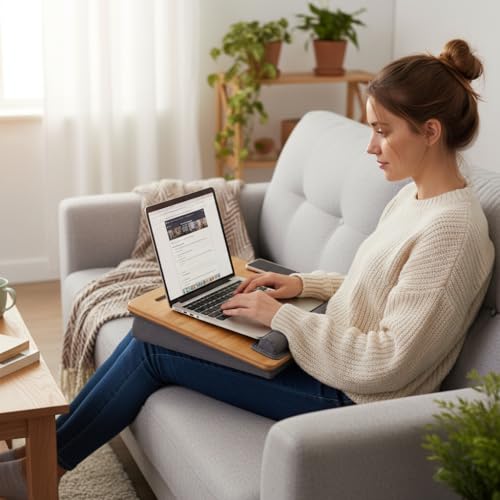 Bamboo Lap Desk for Laptop with Cushion Tablet Phone Holder Handle - size: 16.5"x13.4" Fixed
