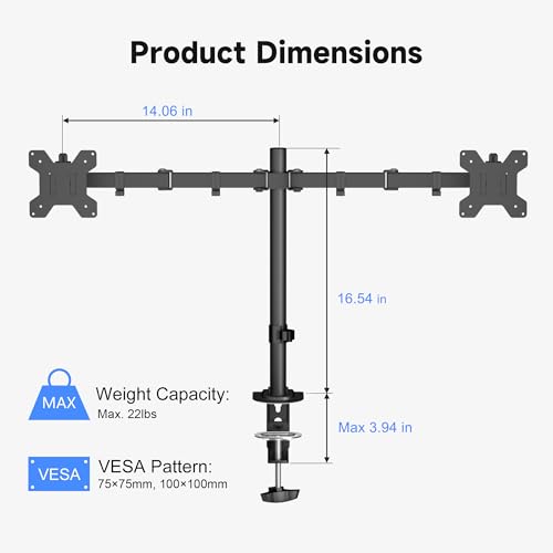 Pholiten Dual Monitor Mount for 2 Screens up to 32 Inches and 22lbs Each - color: Black, size: 13-32" Dual monitor mount