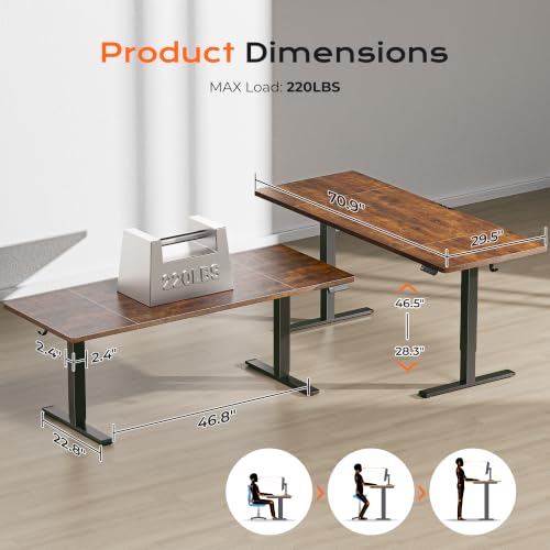 Huuger 71 x 30 Large Electric Standing Desk, Height Adjustable Computer Desk, 29.5" Deep Desktop, Stand up Gaming Office Table with 2 Hooks, 3 Preset Heights, for Home Office, Rustic Brown - color: Rustic Brown, size: 71*30 inch (no outlets)