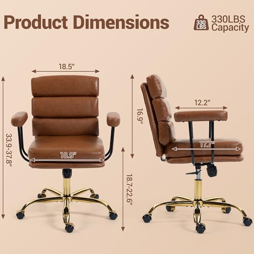 Leather Office Chair with Wheels,Ergonomic Swivel Rolling Task Chair,Padded Seat and Armrests,Adjustable Height Home Desk Chair,Executive Computer Chair, Gold Base Makeup Vanity Chair,Light Brown - color: Brown