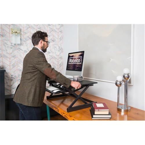 Rocelco 38" Large Height Adjustable Standing Desk Converter - Quick Sit Stand Up Dual Monitor Riser - Gas Spring Assist Tabletop Computer Workstation - Retractable Keyboard Tray - Black (R DADRB-38) - color: Black, size: 38", style: Riser Only