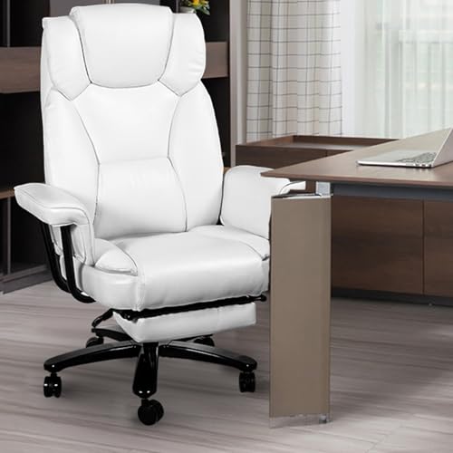 Reclining Office Chair with Footrest, Big and Tall Home Office Desk Chairs 400lbs with High Back, Criss Cross Wide Seat, Heavy Duty Base, Pu Leather, White - color: White