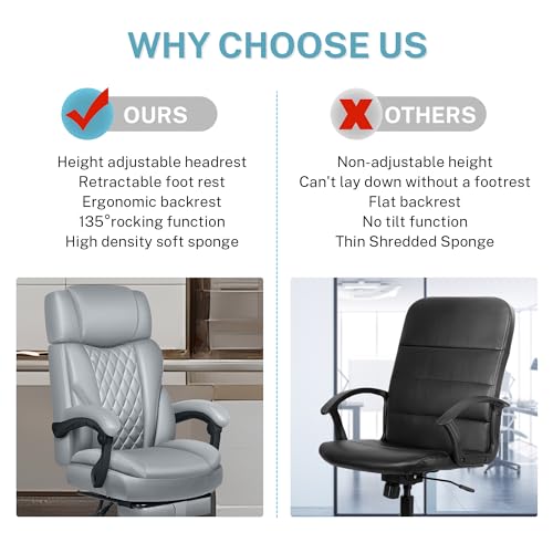 Executive Leather Office Chair, Big and Tall Office Chair with Footrest Home Office Desk Chairs, Ergonomic Computer Desk Chair with Lumbar Support, Reclining Desk Chair with Adjustable Angle - color: Grey, style: With Footrest