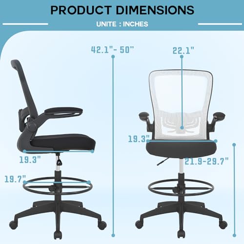 PayLessHere Ergonomic Drafting Chair Tall Office Chair High Adjustable Standing Desk Chair with Lumbar Support Mesh Back Footrest Flip-Up Arms for Office Computer Desk Standing Desk (White) - color: White
