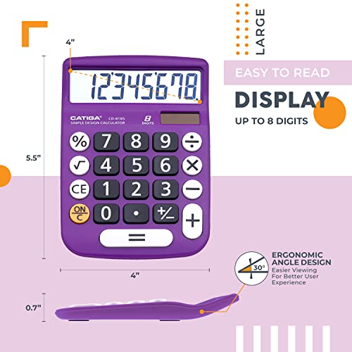 CATIGA Desktop Calculator 8 Digit with Solar Power and Easy to Read LCD Display, Big Buttons, for Home, Office, School, Class and Business, 4 Function Small Basic Calculators for Desk, CD-8185 - color: Purple