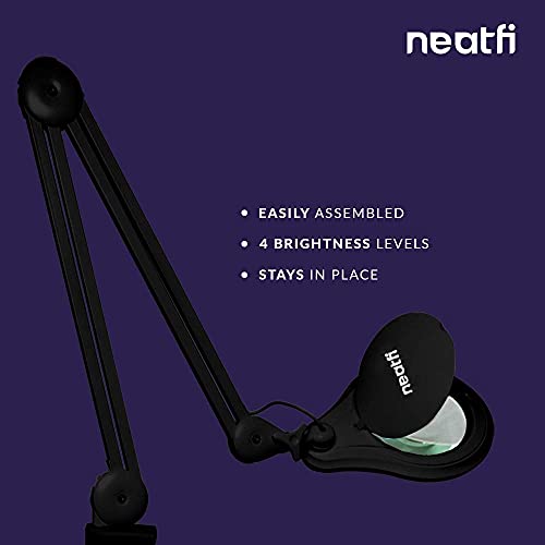 Neatfi LED Magnifying Lamp 1,200 Lumens with Clamp – 5” 5-Diopter Glass Lens, Dimmable Task Light | Adjustable Arm | Reading, Sewing & Crafting (Black, 5-Diopter) - color: Black, size: 5-Diopter