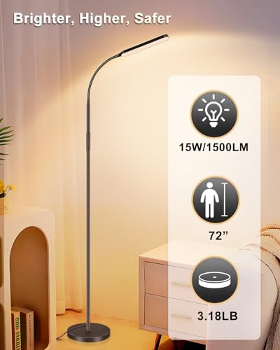 LED Floor Lamp,15 W 1500 LM Super Bright Reading Lamp with Remote and Touch Control Floor Light, 3 Colors and Stepless Brightness Work Lamp for Living Room Bedroom Reading