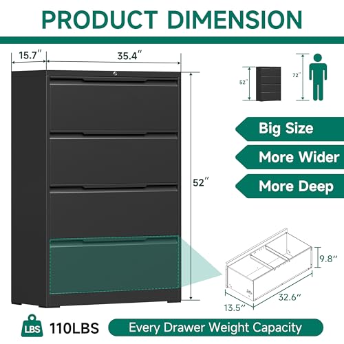 Metal Steel Filling Cabinets for Home Office - 4 Drawer Lockable Lateral File Cabinet for Hanging Files Letter/Legal/F4/A4 Size, Assembly Required - Black - color: Black, size: 4 Drawer-Lateral-36"W