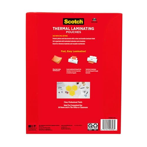 Scotch Thermal Laminating Pouches, 8.9 x 11.4 Inches, Letter Size Sheets | 100-Pack, 3 mil., For Use With Thermal Laminators - size: 100-Pack