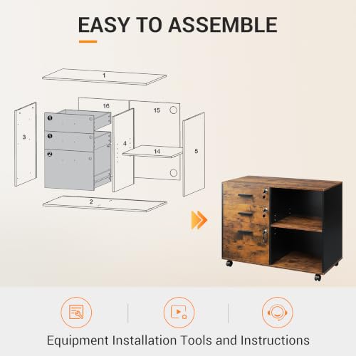 DEVAISE 3-Drawer File Cabinet with Lock, Wood Filing Cabinet, Rustic Brown | Rolling Printer Stand, Office Cabinet, Open Storage Shelves, Letter & A4 Compatible, Home Office, Under Desk Storage - color: Rustic Brown