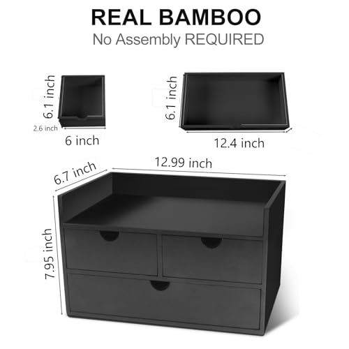 Charmewooden Bamboo Desk Organizer With Drawers Countertop Drawers Counter Storage Box Corner Desk Organizer for Home Office No Assembly Required - color: Black-3 drawers with shelf